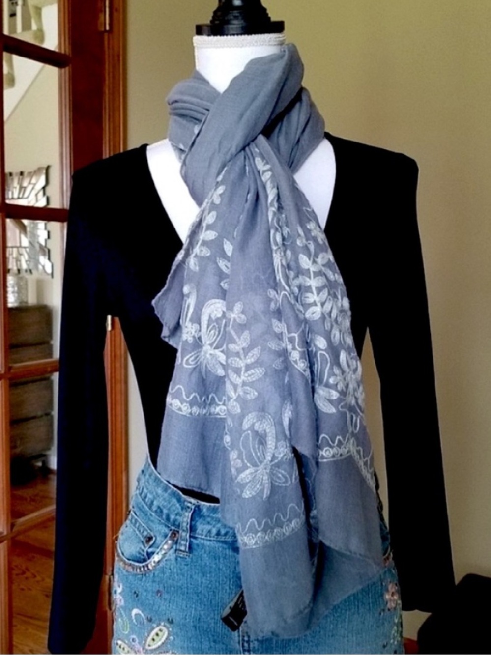 Gray Ethnic Embroidered Oversized Scarf NEW